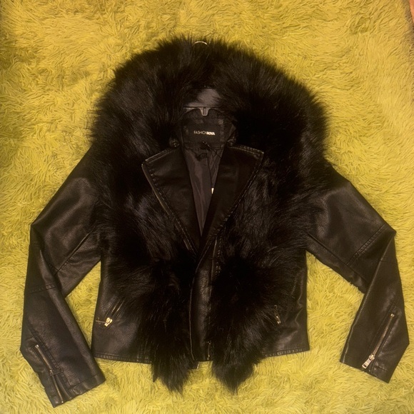 Fashion Nova Jackets & Blazers - NWT Black Leather Jacket with Faux Fur Trim